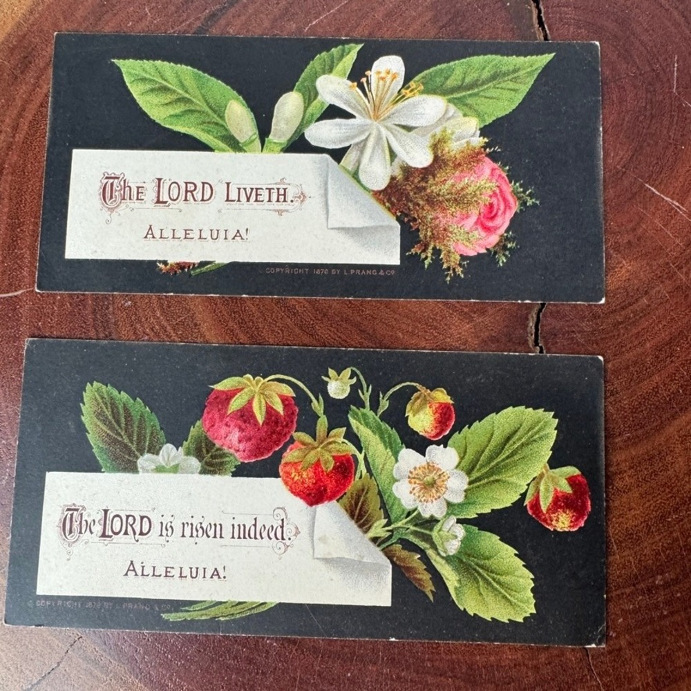 Antique 1876 L Prang & Co Victorian Easter Cards Strawberries Flowers Ephemera